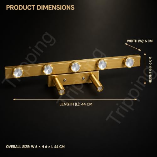 Image of Modern Brushed Gold 7-Light LED Wall Fixture with 5 Fixed Wall-Washer Lights and 2 Adjustable Reading Spotlights, Warm White 3000K Decorative Indoor Wall Lamp for Living Room and Hotel, 44 x 6 x 6 cm