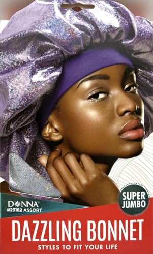 Donna Dazzling Bonnet – Super Jumbo Satin Sleep Cap for Women with Natural, Braided & Curly Hair – Shiny Silver Color Bonnet with Wide Band for Nighttime Hair Protection