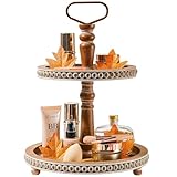 Handmade Two Tiered Tray Stand, Small Beaded Tiered Seasonal Tray Decor, Warm Brown Wooden Kitchen Serving Tray for Coffee Food Fruits Cupcakes, Home Decor Holiday Display