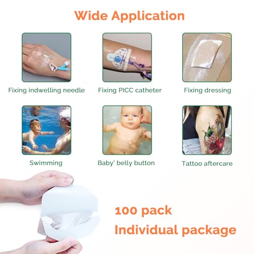 Transparent Film Dressing 100 Packs 2.4\'\' x 2.7\'\' Waterproof Adhesive Patch Breathable Wound Cover Bandage Comfortable Tattoo Aftercare Bandage Adhesive Clear Bandages for IV Shield