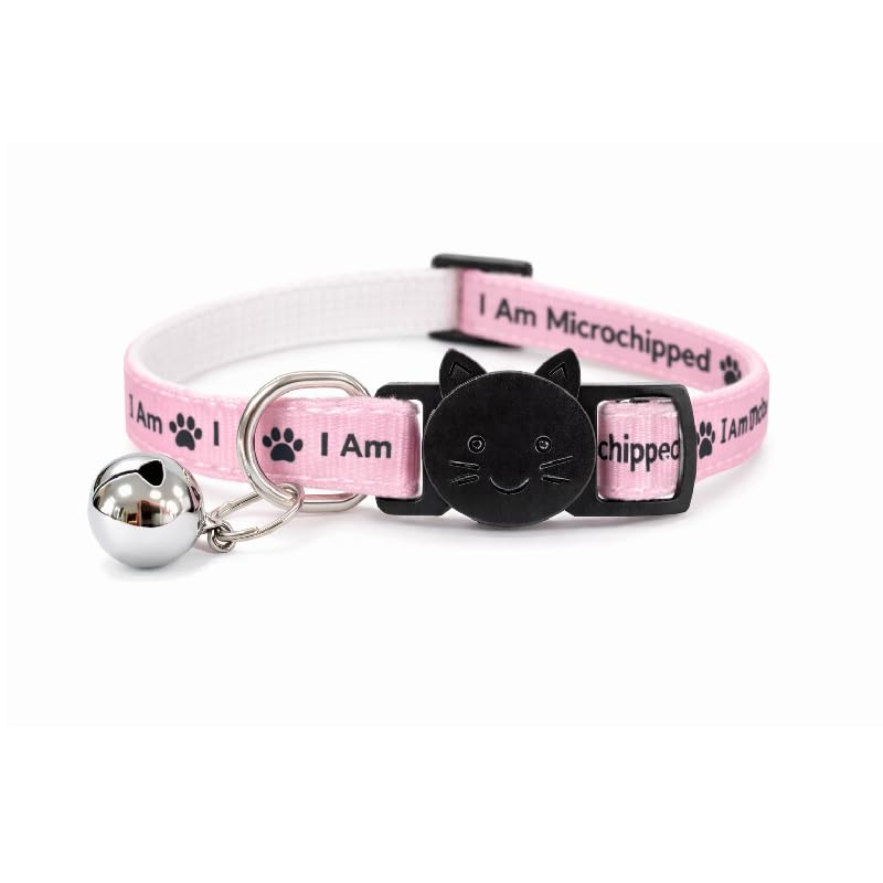 Kitten Collars with Bell – Please Do Not Feed Me, I Am Microchipped | Safe Quick Release Breakaway Buckle | Zacal Cat Collars (Pink, I Am Microchipped) — image 1