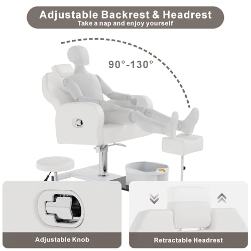 KIGOTY Pedicure Chair No Plumbing for Nail Tech, 360° Swivel Nail Tech Pedicure Chair for Salon with Massage Bath Bowl & Footrest, Height Adjustable Reclining Foot Station Unit, Foot Spa Chairs, White
