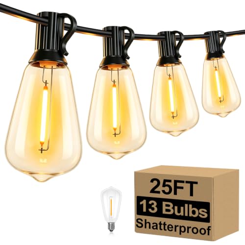 Brightever 25FT Outdoor String Lights 13 Bulbs, 2200K Amber Lights