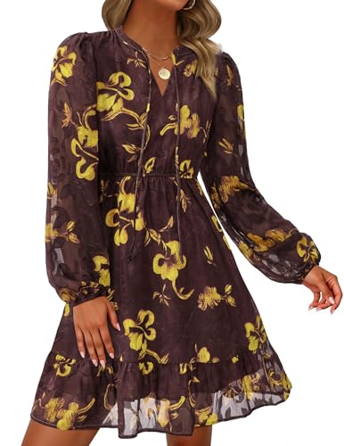 PRETTYGARDEN Women's Fall Boho Dresses 2026 Floral Long Sleeve V Neck Mini Flowy Wedding Guest Dress...