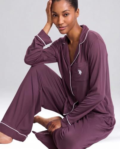 Image of U.S. POLO ASSN. Womens Lightweight Notch Collar Pajama Set | Classic Button Down Pajamas for Women with Long Sleeve Top and Pajama Pants