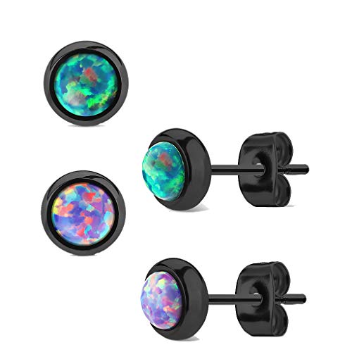 MoBody Created-Opal Round Stud Earrings Black Surgical Stainless Steel Womens Jewelry (2 Pairs - Green/Purple)