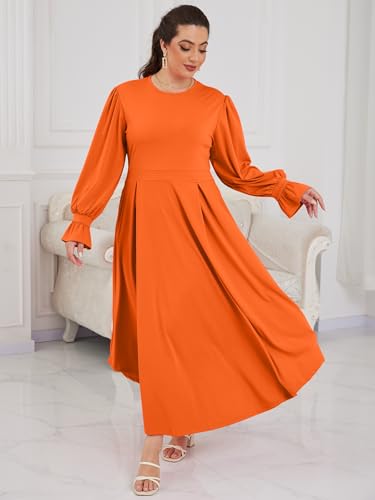 Image of Baczoe Plus Size Long Sleeve Church Dress for Curvy Women | Maxi Length, Elegant Formal Style, Flowy A-Line Shape, Two Side Pockets