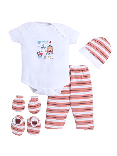 Image of EIO Newborn Baby Cotton Romper Set - Onesie Bodysuit, Cap, Pants & Booties with Mittens | Unisex Baby Clothing Combo for Boys & Girls