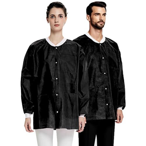 Greenour Pack of 10 Disposable Lab Coats Black for Adults Short Lab Jacket with Knitted Cuffs and Collar 3 Pockets (2X-Large)
