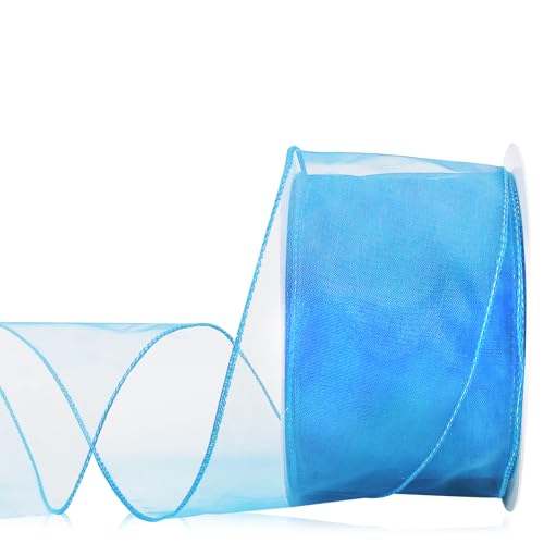 Sky Blue Sheer Ribbon for Wreath Bow, 2.5" x 25 Yards Organza Wired Ribbon for Gift Wrapping, Floral Bouquets, DIY Crafts, Party and Holiday Decorations, Organza Ribbon for Tree and Home Decor