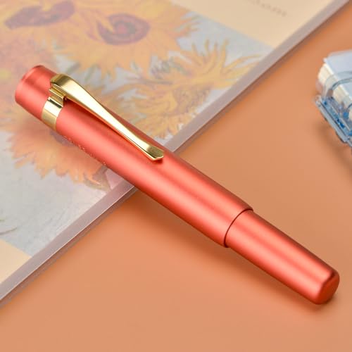 Image of Hongdian M2 Black Forest Mini Fountain Pen, Long Blade Nib & Sleek Shape Aluminium Short Pocket Travel Pen (Orange Red)