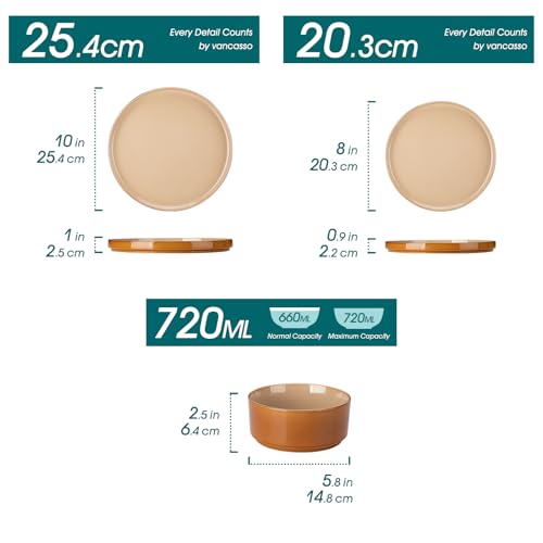 Image of vancasso ONION Ceramic Plates and Bowls Sets, 24 Pieces Brown Dinnerware Sets for Kitchen, Reactive Glaze Dishes Set for 8, Dishwasher and Microwave Safe