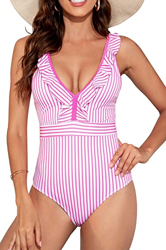 Felnart Swimsuits for Women Ruffled V Neck Design Strapy Open Back One Piece Swimwear, Pink Stripe L