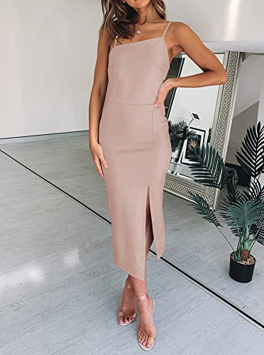 Image of OWIN Women's Adjustable Spaghetti Straps Sleeveless High Waist Split Midi Bodycon Cocktail Party Dress