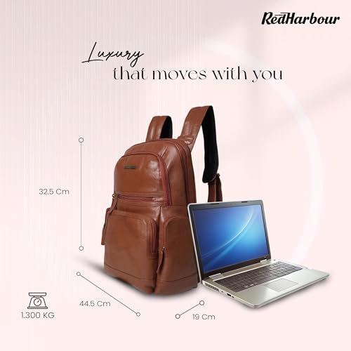 Image of Red Harbour Genuine Leather Laptop Backpack for Men & Women | Office Business Travel Backpack with Spacious Compartments, Side Pockets & Metal Zipper