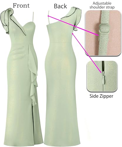 Image of VFSHOW Womens Formal Prom Elegant Ruffle One Shoulder Beaded Strap Ruched Slit Maxi Dress Wedding Evening Long Gown