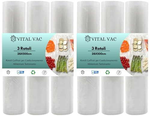 Vital Vac 6X Rotolo Sottovuoto Goffrato 28X500 Cm | Per Sous Vide E Conservazione Degli Alimenti | Compatibile Con Foodsaver, Macom, Bonsenkitchen, Ac