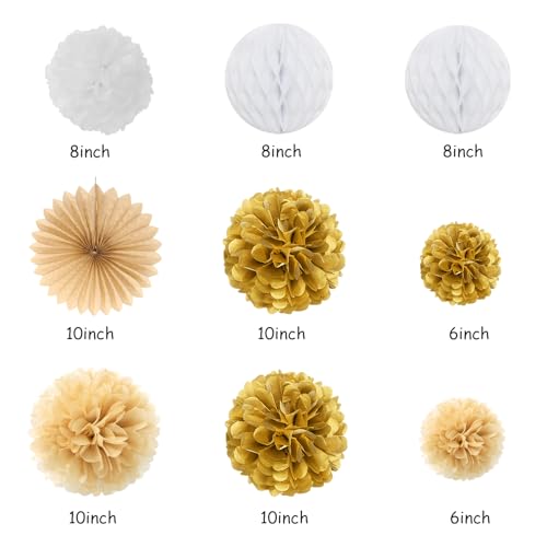 Image of White-Gold Champagne Birthday Party-Decorations Paper-Flowers - 14pcs Happy Banner Engagement Honeycomb Tissue Pom Poms,Women Streamers Garland Beige Fans,21st 18th Girl Hanging Supplies Decor Hugfond