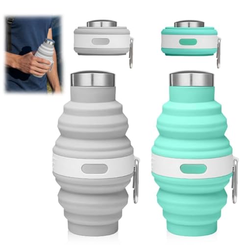 Yadiraom Taza plegable, 2 piezas de botellas plegables de 475 ml, con mosquetón, tazas plegables de silicona para caminatas, camping, viajes, botella de agua plegable ligera, botella de agua plegable