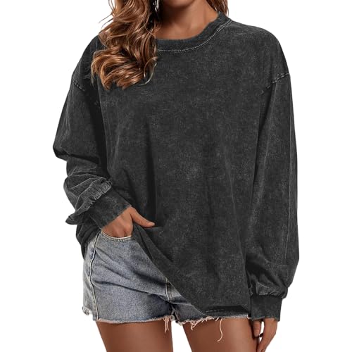 Acid Wash Tshirts Oversized Long Sleeve Shirts for Women Men Casual Loose Retro Crewneck Tops Basic Solid Street Wear3