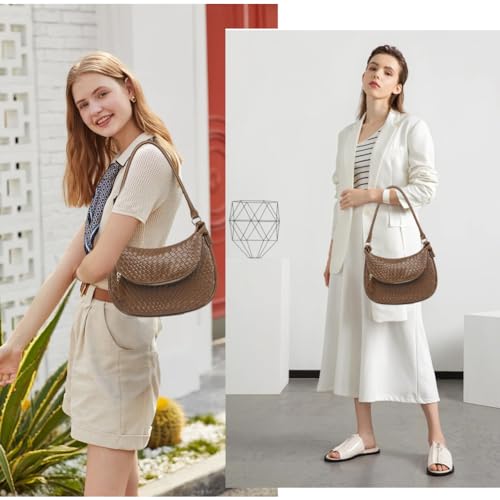 Image of Texture Underarm Shoulder Bag for Women,PU Leather Vintage Crescent Double Layer Hobo Handbag