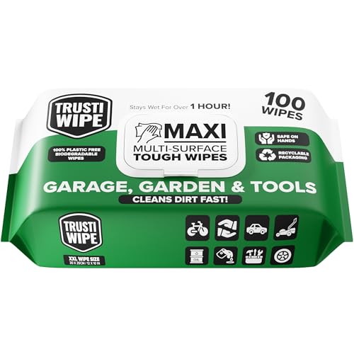 TRUSTIWIPE Toallitas de limpieza resistentes extragrandes de 30 x 25 cm, toallitas biodegradables extrafuertes para garaje, taller, coches, jardín y herramientas, toallitas para manos y superficies