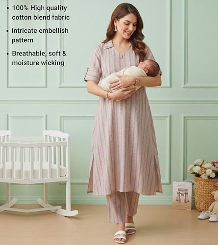 Image of DUMMY SHAPE Feeding Dresses for Women Full Set | Cotton Blend Maternity Kurta Pant Suit with Dual Nursing Zippers, Side Pocket to Pre & Post Pregnancy | Mom to Be Gifts