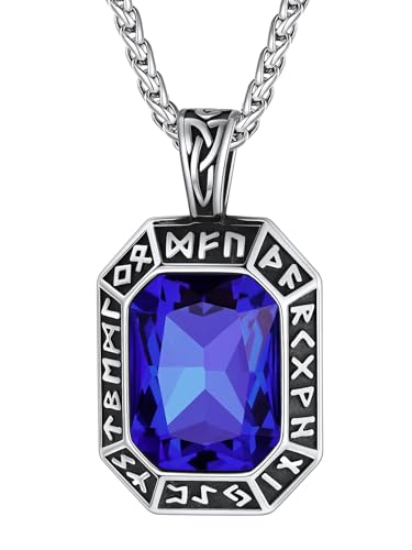 Image of ChainsHouse Viking Rune Pendant Necklace for Men Women, Punk Biker Black Metal /316L Stainless Steel Onyx Norse Vintage Amulet Necklaces with Black /Red /Green /Blue Gemstone, Send Gift Box