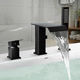 3 Holes Matte Black Roman Tub Faucet with Sprayer, Wathels Waterfall Bathtub Faucet with Hand Shower, High Flow Widespread Roman Tub Filler Deck Mount Solid Brass