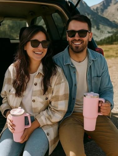 Image of Double Wall Insulated Stainless Steel Tumbler with Handle 1200ml | Travel Mug with Steel Straw| Hot & Cold Beverage Flask | Easy Carry Home, Office, Gym (Light Pink)