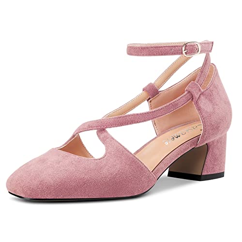 Image of Castamere Women Mid Chunky Block Heel Square Toe Cross-Strap Pumps Court Shoe Party Cute Shoes Pink Suede A 8 UK