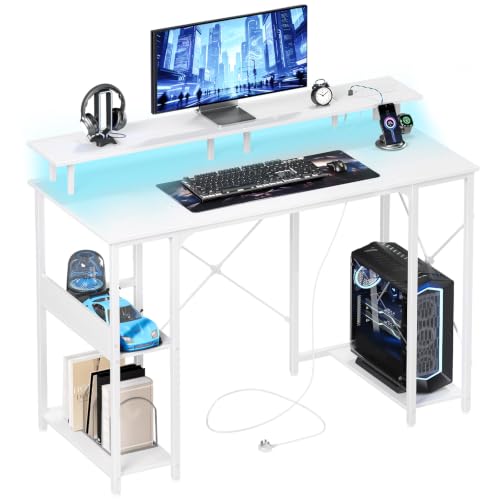 Image of Somdot Gaming Desk with Led Light & Power Outlets, 100 x 50 cm, White