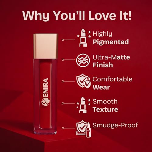 Image of ENIRA Blood Red Liquid Lipstick for Women | 4ml | Matte Liquid Lipstick | Waterproof | Transfer Proof | Smudge Proof | Long Lasting | Highly Pigmented | Vitamin E | Lightweight Non-Sticky Formula