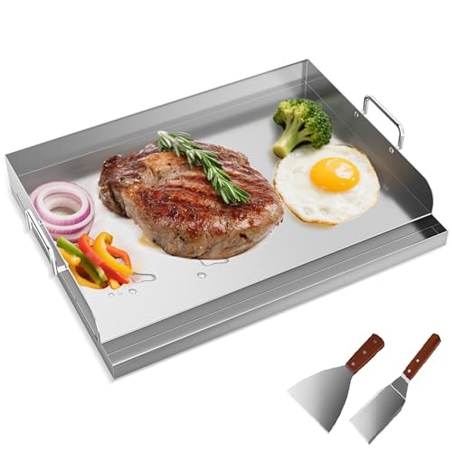 Plancha Grillplatte[54x41cm], Plancha Grill Platte mit Fettablauf & 2x Grillspachtel, Dicker Edelstahl, Verformt sich nicht leicht, für BBQ Gasgrill & Kohlegrill geeignet