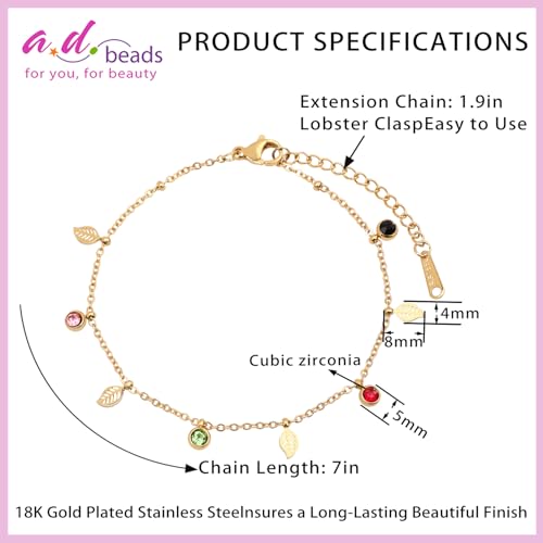 Image of 18K Gold Plated Stainless Steel Dainty Charms Colorful Crystal Birthstone Bracelet Minimalist Cute Jewelry for Women