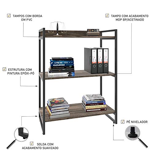 Estante Multiuso 3 Prateleiras 104x80cm Estilo Industrial, Compace, Kuadra, Carvalho Dark/Est.Preta