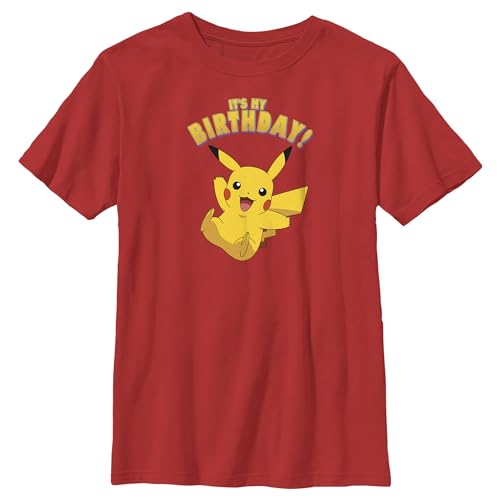 Pokemon Kids Pikka Birthday Party Boys Short Sleeve Tee Shirt, Red, X-Small