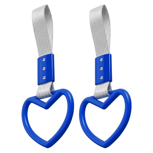 Image of 2PCS Heart Shaped Car Handle Straps, Rear Bumper Warning Keychain Ring for Car Exterior Accessories (Blue-Silver)