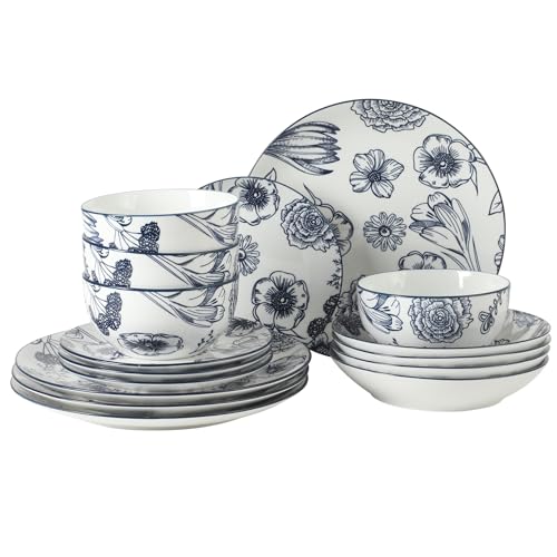 Image of Gibson Home Westerly Court 16-Piece Dinnerware Set, Blue Floral Stoneware Plates & Bowls, Service for 4, Round Durable Everyday Dish Set