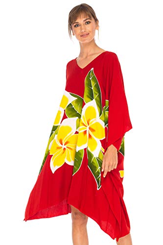 SHU-SHI Womens Short Beach Swimsuit Cover Up Poncho Dress Plus Size Kaftan Red