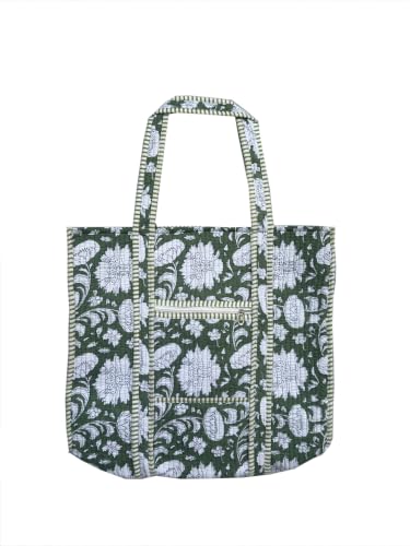 Image of Quilted Cotton Hand printed Reversible Large multicolor cotton Tote Bag,Indian Handmade Block Printed Tote Bag Women Handbag