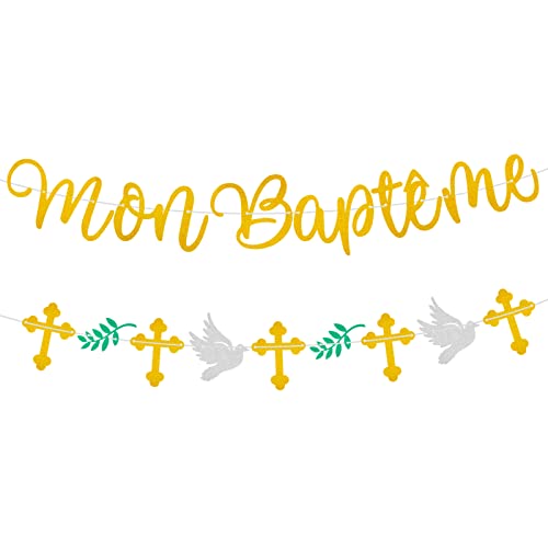 Bohoman 2PCS Glitter Mon Baptême et Bannière Banderole Pailleté Pigeon Traverser Garland Bunting Party Décorations Cover