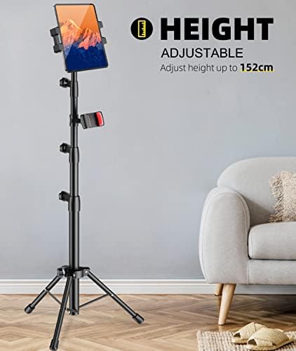 iPad Tripod Stand, Height Adjustable Tablet Floor Stand with 2 Holders for iPad Pro 12.9/11/10.5/9.7, iPad Air, iPad Mini 6/5/4/3/2, Samsung Tab, Switch and All 4-13in Tablets and Phones
