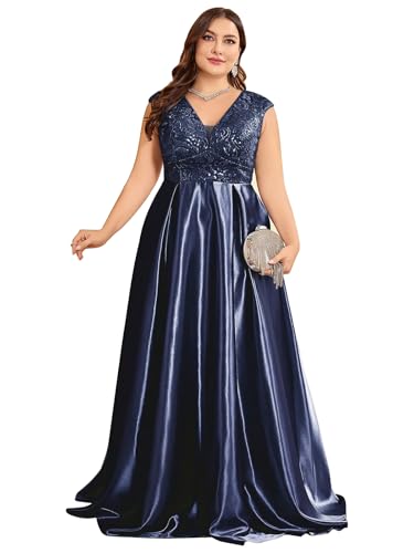 Image of Plus Size Satin Mother of the Bride Formal Gown for Wedding Sleeveless V-Neck Evening Dress