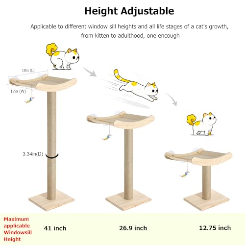 Image of Window Cat Perch with Scratching Posts, 46 inch Wood Tree Bed for Maine Coon Big Cats Perching and Lounging, Mounted with 3 Strong Suction Cups (Wood Platform)