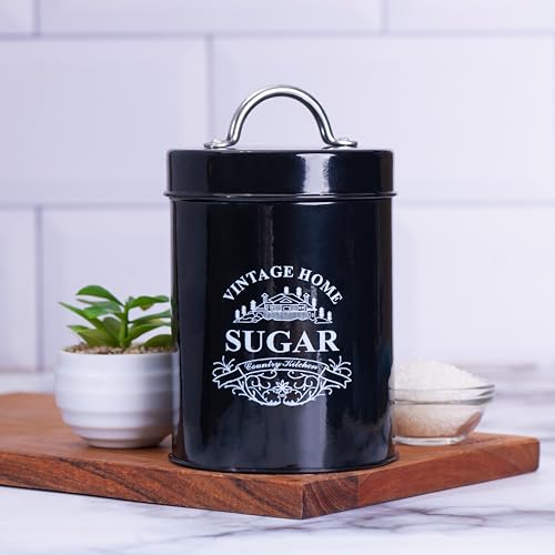 Image of Metallure Home Round Classic Tea Sugar Container Set of 2 | Metal Container for Kitchen Storage | Airtight Jar Set | Food-Safe Tea Jars for Kitchen (Black)