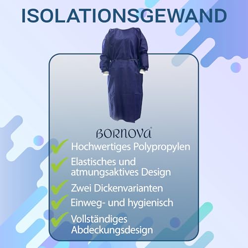 BORNOVA Einwegkittel schutzkittel einweg infektionsschutzkittel einmalkittel medizinisch mit ärmel einmal Patienten PP Professionelle Qualität Bequem Dunkelblau Nicht transparent - 25 gsm / 10 stück