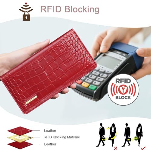Image of Wallet Women Bifold Faux Crocodile Leather Slim Thin Long Wallets | RFID Blocking, Alligator Texture, Luxury, Credit Cards Holder, Female Woman Ladies Purse,Zipper Coin Pocket, Burgundy Croc