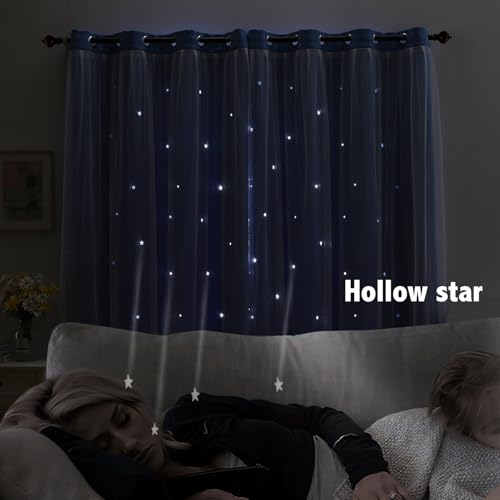 Image of indistar Star Cutout Kids Window Blackout Curtains for Girl Bedroom Window Room Darkening Curtains & Drapes Baby Nursery Curtains (2 Panel,52Wx63L inch,Blue)