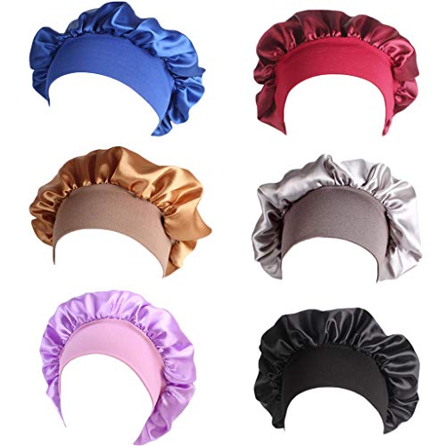Elastic Wide Band Hat,Satin Sleep Cap, Night Sleeping Head Cover for Sleeping Supplies (blue&gold&purple&red&gray&black-6pcs)